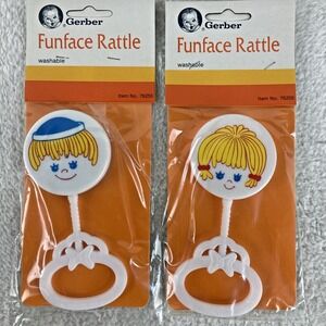 Set Of 2 Gerber Baby Boy & Girl Funface Rattle NOS Baby Retro Toys Vintage 1983